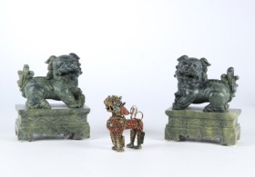 A pair of fo-dogs in soapstone and a small incense burner in the shape of a fo-dog (3)