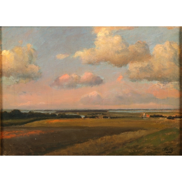 Otto P. Balle. 'Jagende Skyer belyst af Aftensolen, set fra Maglehøj 1907'. Olie på lærred
