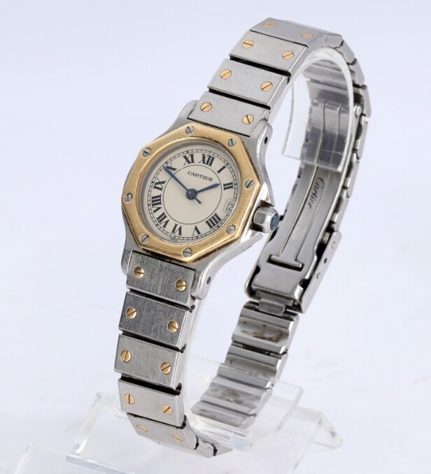 Cartier. 'Santos Octagon' damearmbåndsur af 18 kt. guld og stål