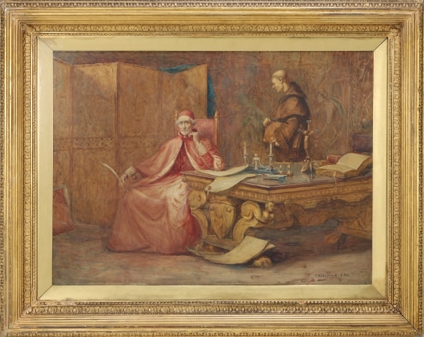 Henry Childe Pocock (1845-1934): Interiør med kardinal og munk.