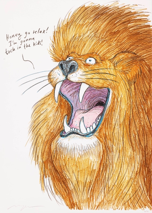 Anders Morgenthaler. Litografi 'Honey go relax! I'm gonna tuck in the kids!’ - til fordel for PlanBørnefonden