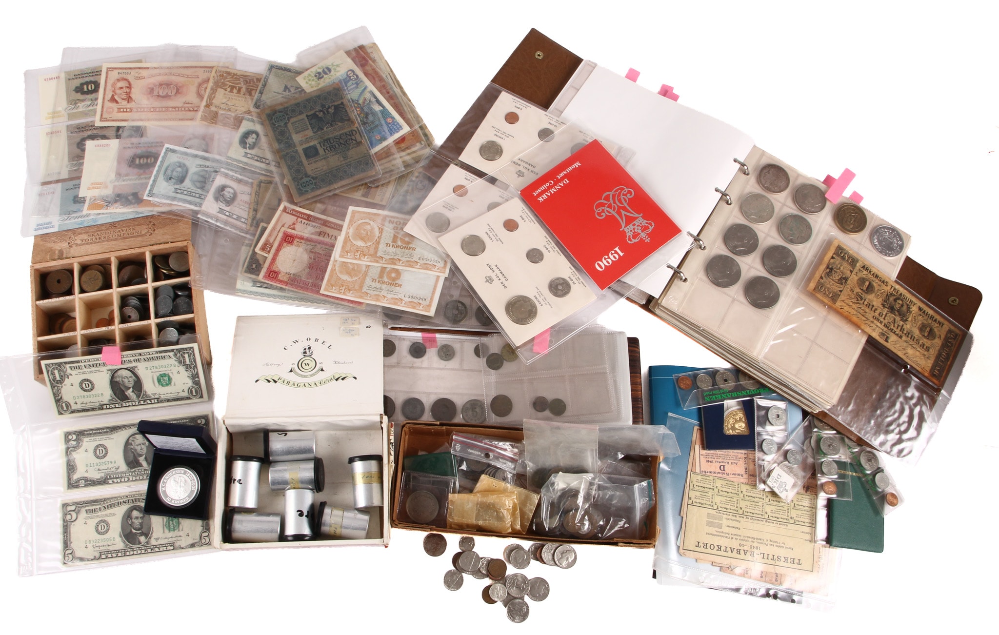Denmark, USA etc. Collection of coins and banknotes.