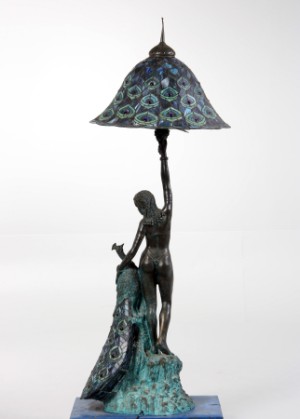 Floor Lamp Patinated Bronze In Shape Of A Woman With A Peacock