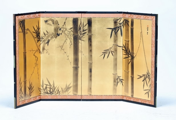 Soen Mibu (1921-), Japanese artist: 3-winged screen, 'Bamboo & Plum blossom'. hand-painted i.e. bamboo plants. Circa 1970.