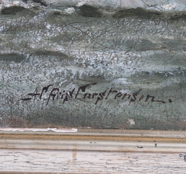 Andreas Riis Carstensen. Norwegian sloop in distress at the rocky coast. Oil on canvas