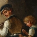 Christian Andreas Schleisner .  Der mangler en knap i storebroders bukser'  olie på lærred