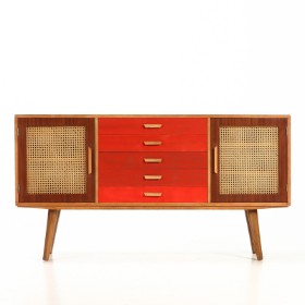 Unknown furniture manufacturer. Low sideboard L. 150 with colored drawers and French wicker