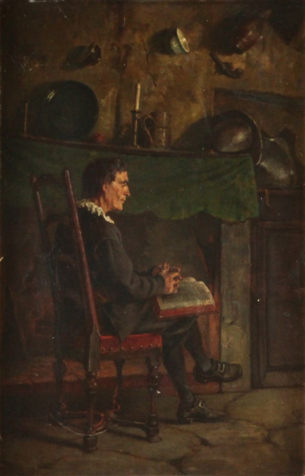 Frederik Christian Lund. Interiør med herre ved brændeovn