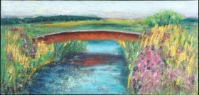 Lene Wiklund. Olie på lærred 'Egaa Meadow stream with red bridge'