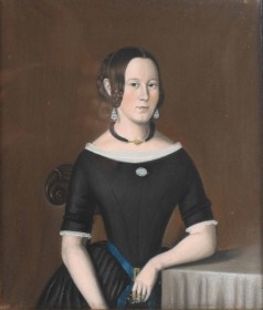 Unknown artist, mid-19th century: Portrait of a young woman in a black dress with a blue belt and a forget-me-not in her hand. Pastels