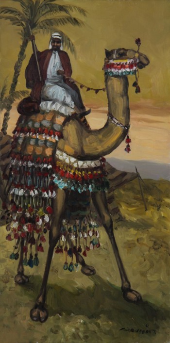 Mounir Faheem, Ørkenlandskab med araber på udsmykket kamel. Olie på lærred