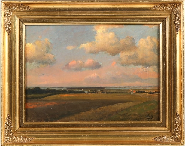 Otto P. Balle. 'Jagende Skyer belyst af Aftensolen, set fra Maglehøj 1907'. Olie på lærred