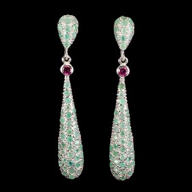 Earrings in rhodium-plated Sterling silver with emeralds