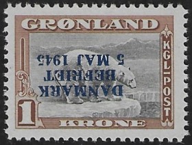 GRØNLAND. 1945. Danmark Befriet. Omvendt Overtryk. 1 Kr.