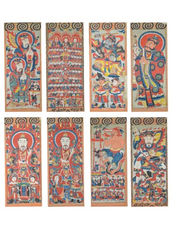 Samling på otte kinesiske billeder med fremstillinger af krigere og mytologiske scener, 1800-/1900-tallet (8)