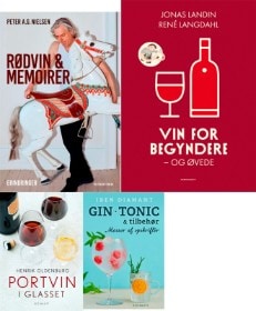 'Vin for begyndere og øvede' af René Langdahl & Jonas Landin, 'Portvin i glasset' af Henrik Oldenburg, 'Gin, tonic og tilbehør - Masser af nye opskrifter' af Iben Diamant og 'Rødvin og memoirer' af Peter A.G. Nielsen (4)