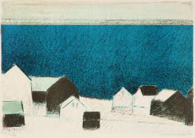 Jack Kampmann. Faroese coastal landscape with houses, lithograph