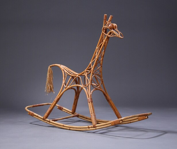 Kay Bojesen, attributed. The rocking giraffe made of bamboo, eyes made of beech wood, tail tassel made of bast