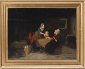 Frans de Bruycker (1816-1882): Interiør med familiesceneri. Ca. 1850.