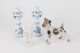 Dahl Jensen Bager, blanc de chine, Royal Copenhagen Terrier and a pair of Bjørn Wiinblad candlesticks (4)