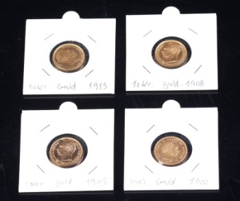 10 koner guldmønter fra 1900, 1908, 1909 og 1913 (4)