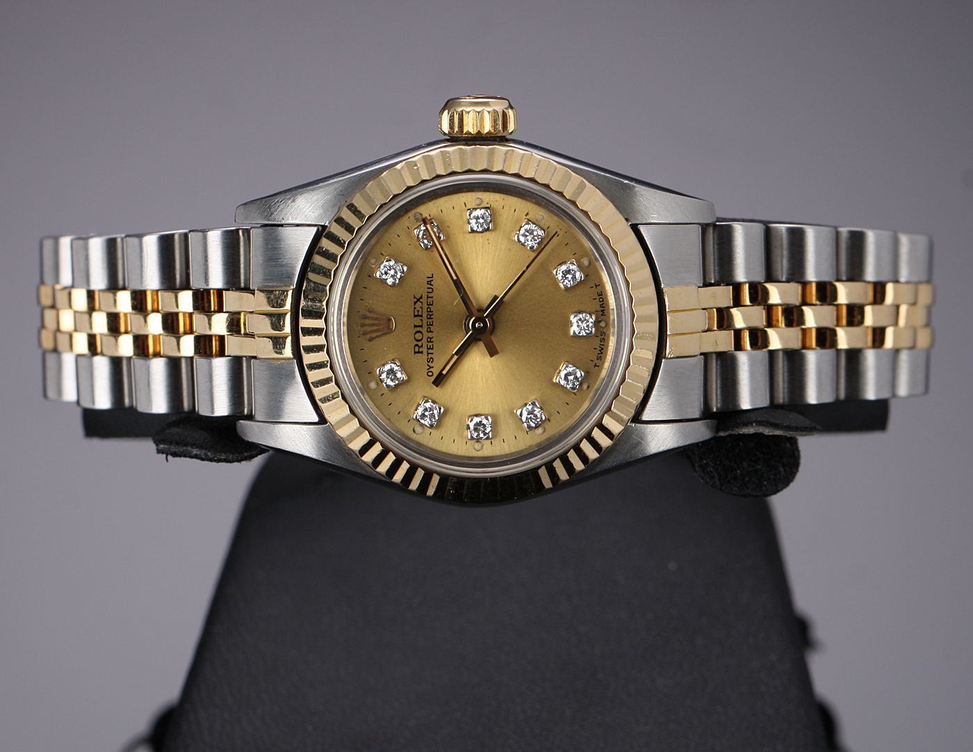 Rolex Oyster Perpetual Lady watch, 18 kt. gold and steel, diamonds, c ...