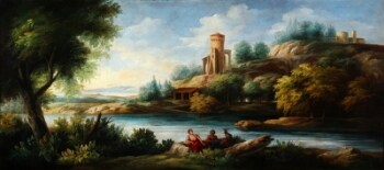 Ubekendt kunstner. Landskab med hvilende par i forgrunden, 17-1800-tallet