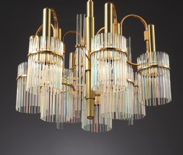 Gaetano Sciolari. Italian 9-arm chandelier from the 70s made of glass and brass