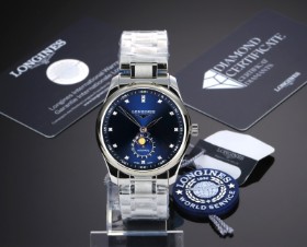 Longines 'Master Collection Moonphase'. Automatisk herreur i stål med blå skive med brillanter - cert. ca. 2023