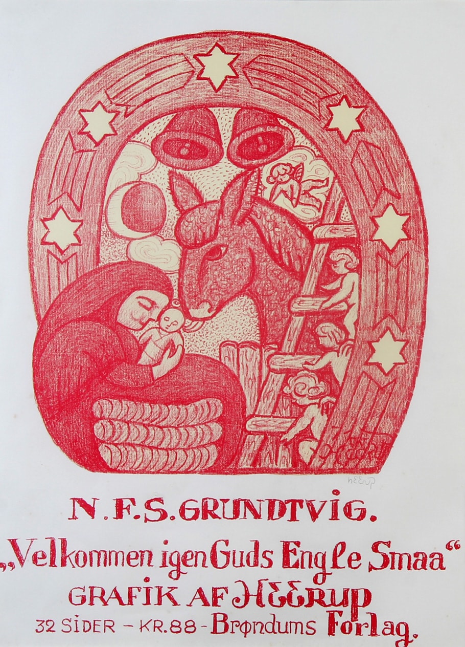 Henry Heerup. Plakat for Brøndums Forlag: N.F.S. Grundtvig 'Velkommen igen guds engle små', Denne vare er sat til omsalg under nyt varenummer | Lauritz.com