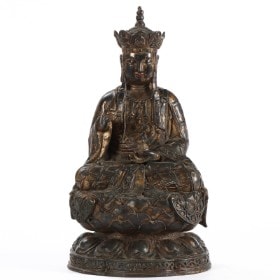 Tibetansk buddha siddende på lotustrone, bronze.