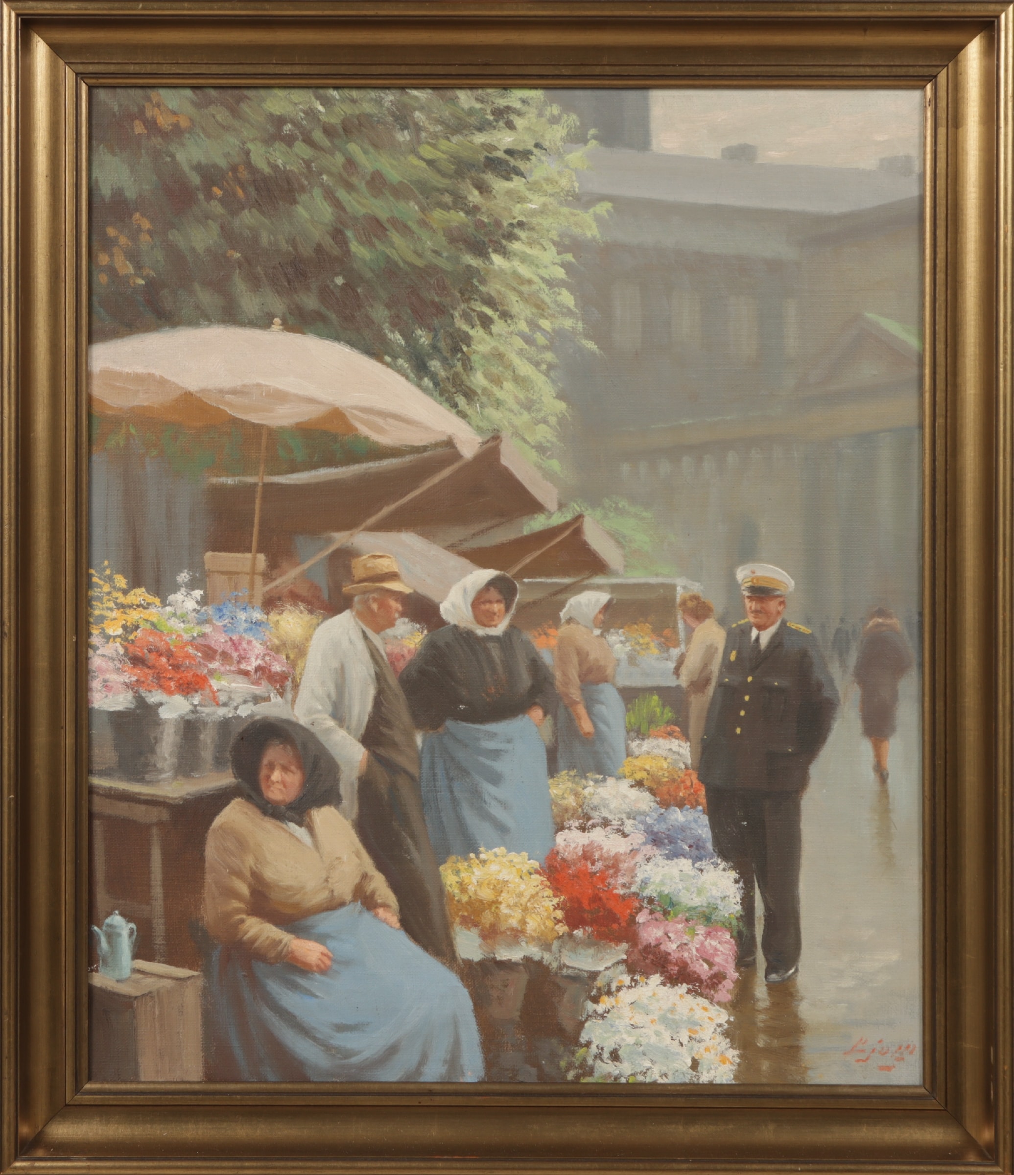 S.C. Bjulf. Flower market at Højbro Plads with traders and attendants
