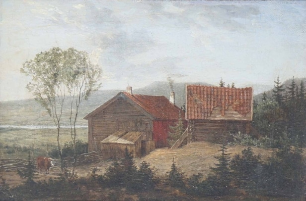 Ubekendt kunstner, 1800-tallet: Landskab med huse