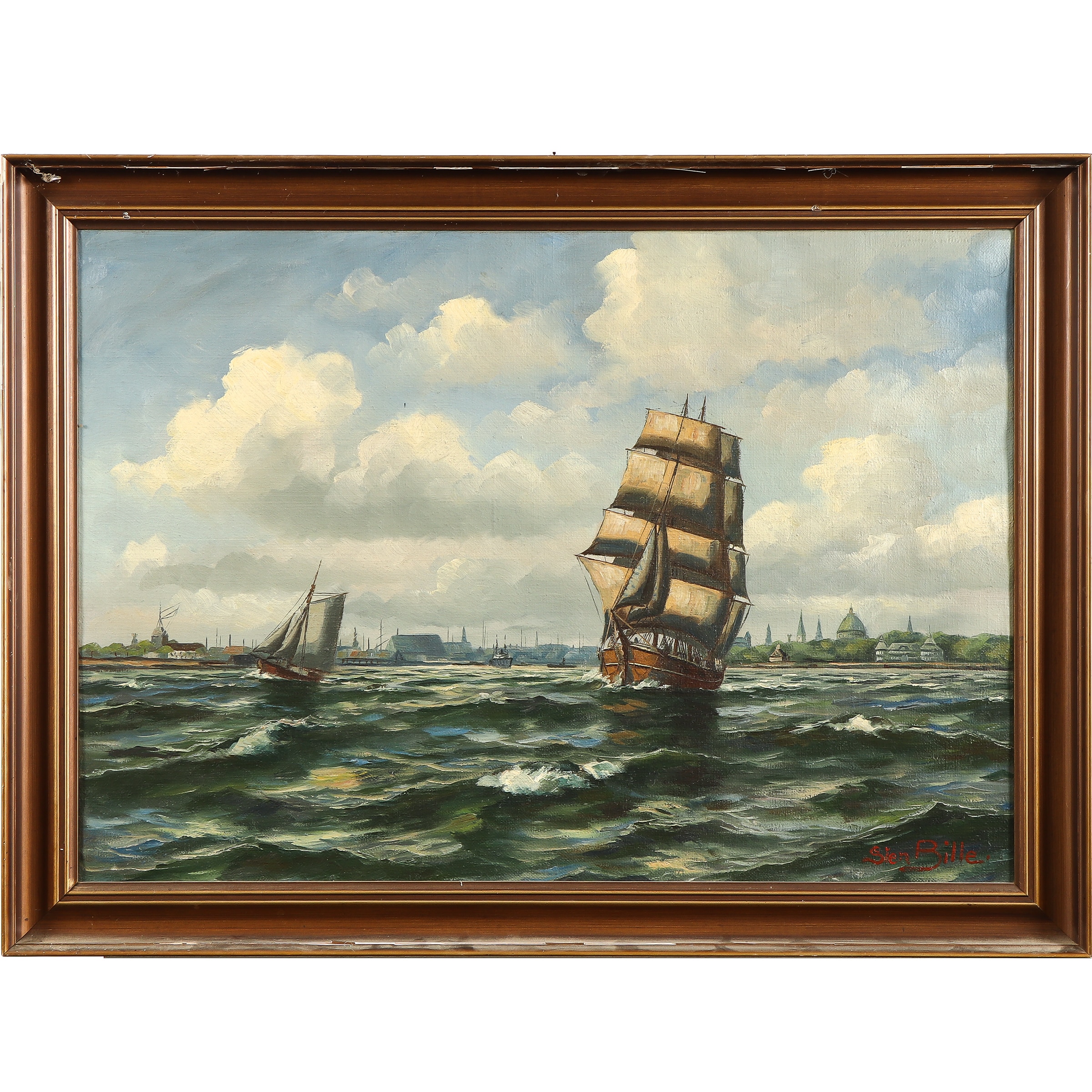 Sten Bille. Marine with sailing ships, Copenhagen in the background.