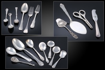 En samling diverse bestik- og serveringsdele af sølv (18)