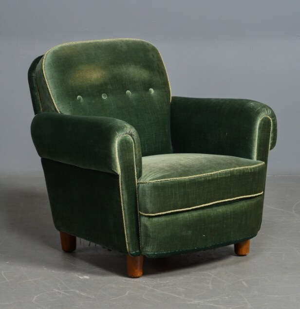 Lænestol m. grøn velour, 1940'erne