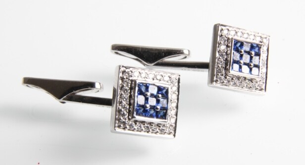 Pair of white gold cufflinks with diamonds and sapphires (2)