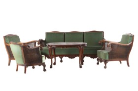 'Claw and Ball' sofa furniture, stained beech/wicker, 20 years old. (5)