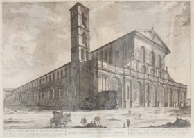 Freicenet & Barbault: Romersk prospekt med Basilica di St. Paulo Fiori delle Mura, kobberstik, 1700-tallet