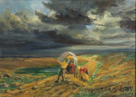 Hermann Nowak. Harvest scene w/ people, lurking storm in the background.