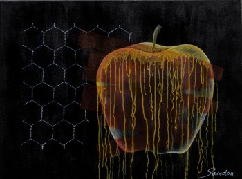 Sacedon, komposition med æble. Akryl på lærred
