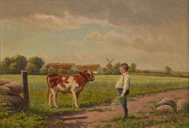 Alfred Larsen. Dansk sommelandskab med dreng og tyrekalv. Olie på lærred