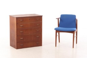 Hans Olsen for Bramin et al. Teak armchair and chest of drawers, 1950s-60s (2)