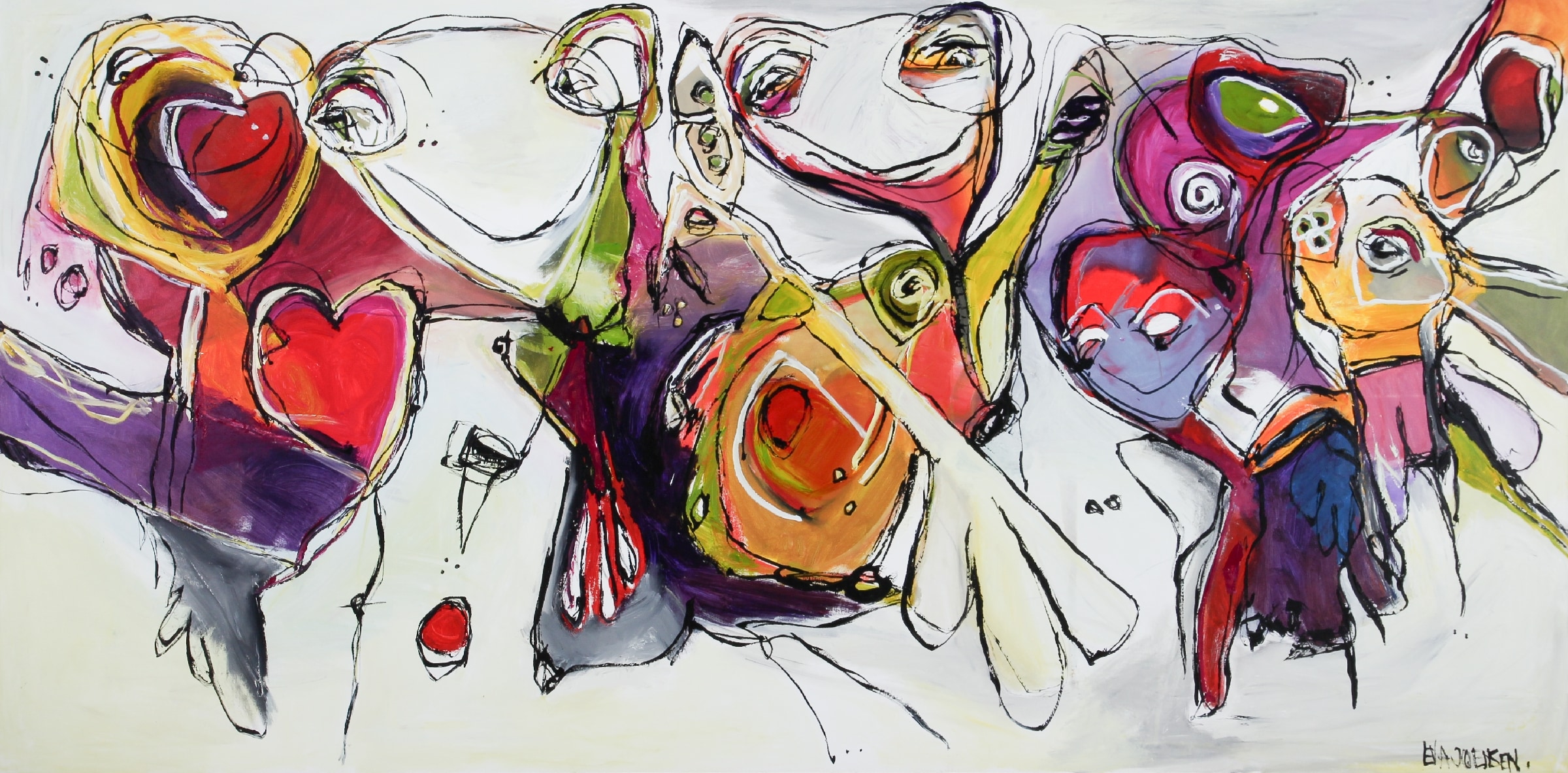 Eva Joensen. Large painting, figure composition. 140x280 cm.