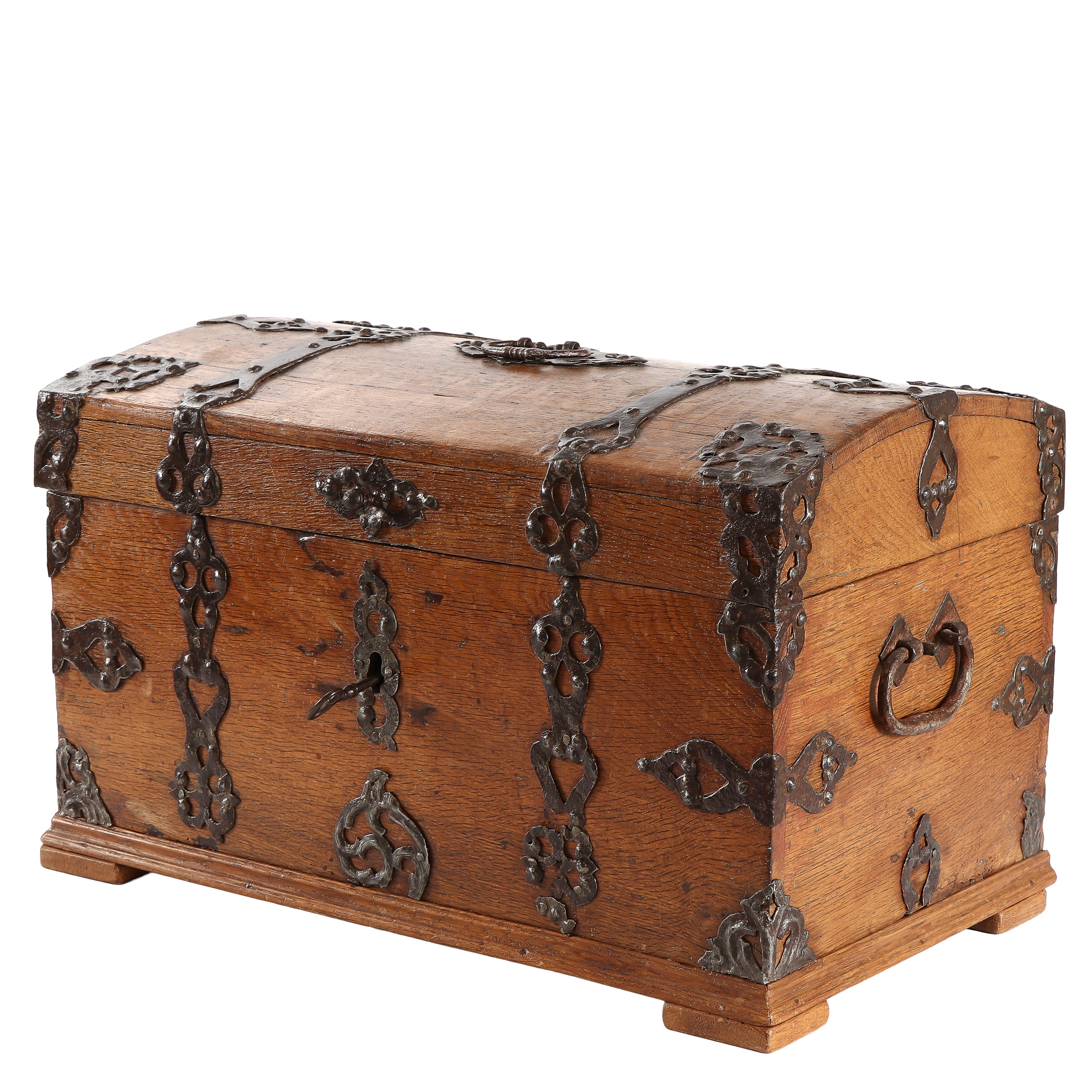 Small oak chest with wrought iron fittings. 18th / 19th century. Restored