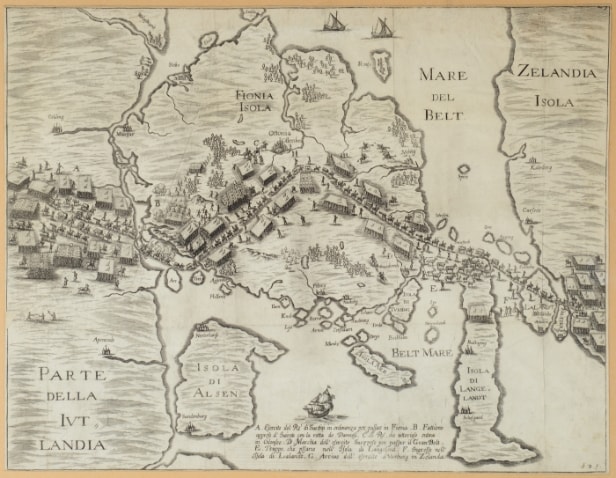Den svenske hær på vej over Fyn, kort fra 1670