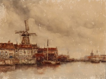 Jan Van Couver. (Hermanus Koekkoek Jr.).  Hollandsk havneparti med skibe og vindmølle
