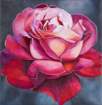 Leila Holberg. Rød rose på mørk bund, 52 x 52 cm