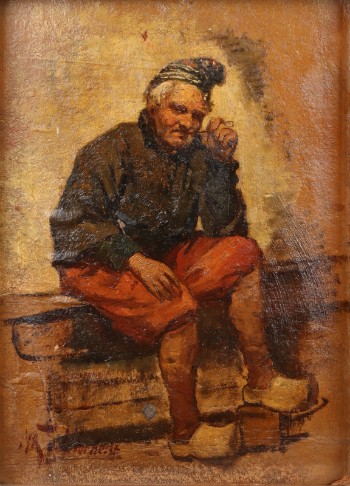 Ubekendt kunstner, 1900-tallet. Siddende fisker i hollandsk klædedragt