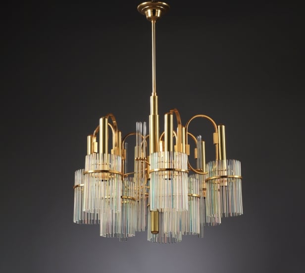 Gaetano Sciolari. Italian 9-arm chandelier from the 70s made of glass and brass